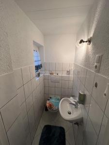 ein kleines Bad mit einem Waschbecken und einem WC in der Unterkunft Ferienhaus am Bach Koblenz in Koblenz + 29 Fotos