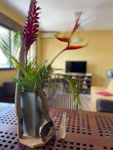 a vase with flowers in it on a table at Appartement tout confort in Sainte-Anne