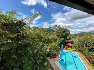 - une vue sur la piscine et les arbres dans l'établissement Finca El Remanso La Vega, à La Vega
