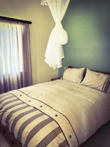 a bedroom with a bed with a white comforter at The Blow-Inn Farmer, Sunrise Cottage in Howick