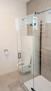 a bathroom with a glass shower with a toilet at The Father's House in Bol