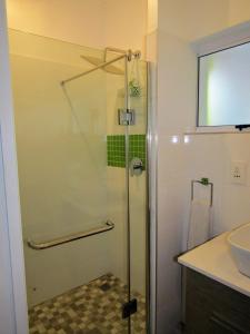 a bathroom with a glass shower with a sink at Greenwood Cottage, Somerset West in Somerset West