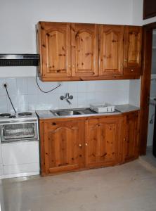 a kitchen with wooden cabinets and a sink at Hector's Studios in Alikanas