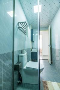 een badkamer met een toilet en een glazen douche bij THE NEWLY FURNISHED GOLDEN APARTMENTS in Nairobi