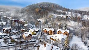 una vista aérea de un pueblo cubierto de nieve en Komfortowy Apartament LOTOS z sauną i widokiem na Śnieżkę, en Karpacz