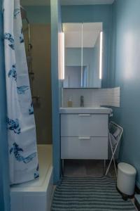 a bathroom with a sink and a mirror at Renovated 2-Bed Apartment 2 min from Lyon in Oullins