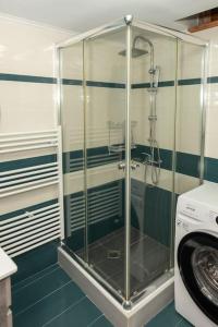 y baño con ducha y lavadora. en ΠΕΤΡΙΝΟ ΣΠΙΤΙ ΣΤΟΝ ΚΑΜΠΟ ΧΙΟΥ, en Chios