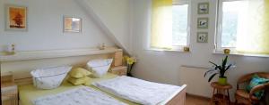 Habitación con cama con 2 almohadas en Ferienwohnung Maria Miller, en Hemfurth-Edersee