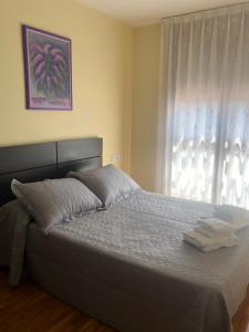 Un dormitorio con una cama y una ventana con toallas. en APARTAMENTO RIO SELLA en Arriondas