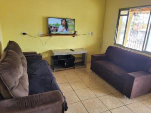 - un salon avec un canapé et une télévision murale dans l'établissement Apartamento Imobiliaria Oliveira, à Sete Barras