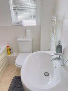 a white bathroom with a toilet and a sink at Starview Apartment-Vitoria in Lexden