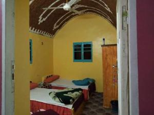 Zimmer mit 2 Betten in einem gelben Zimmer in der Unterkunft Azoz Nubian House in Assuan