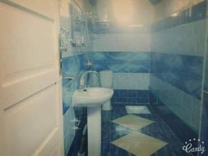 niebiesko-biała łazienka z umywalką i prysznicem w obiekcie Azoz Nubian House w mieście Aswan