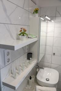 a bathroom with a sink and a toilet and a mirror at Mizzou Apartman Sárvár in Sárvár
