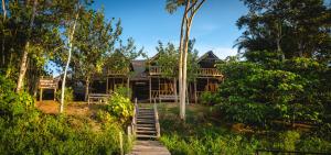 a house in the woods with stairs leading up to it at Tres Chimbadas Lake Lodge in Tambopata