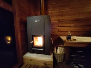 a wood burning stove in a room with a counter at FaFeWo Ferienwohnungen mit Sternekomfort in Tanne Harz in Tanne