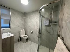 a bathroom with a shower and a toilet and a sink at Modern Apartment in Luton town Centre in Luton