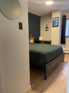 una camera da letto con un letto e uno specchio a parete di Cosy Private Room in Downtown with Free Parking - Self entrance a Calgary