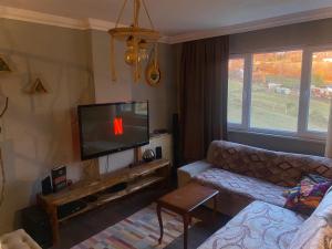 sala de estar con sofá y TV de pantalla plana en Spacious house near the airport en Arnavutköy