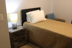 Athens city townhouse, 3 bedroom, 2.5 baths, Wi-Fi في أثينا: سرير مع وسادة وطاولة مع مصباح