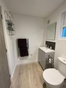 a white bathroom with a toilet and a sink at Gorgeous modern furnished cabin in Steyning in Steyning