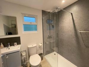 a bathroom with a toilet and a glass shower at Gorgeous modern furnished cabin in Steyning in Steyning