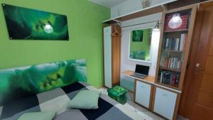 een groene kamer met een bed en een boekenplank bij Nazzaro's House in Atripalda