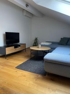 een woonkamer met een bank en een tafel bij Modernes Loft in Passau in Passau