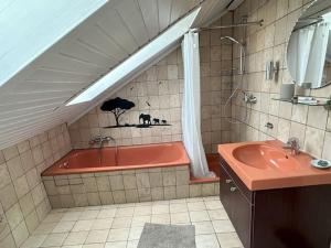 a bathroom with a sink and a tub with a window at Ferienwohnung Löchgau in Löchgau