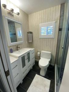 ein Bad mit einem WC, einem Waschbecken und einer Dusche in der Unterkunft Newly remodeled condo in Groveland