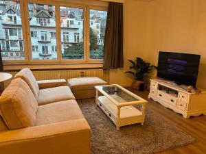 sala de estar con sofá y TV de pantalla plana en Beautiful Flat in Etterbeek en Bruselas