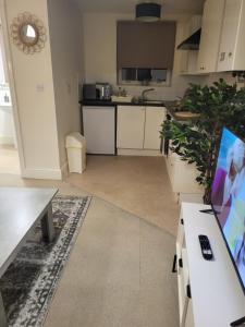 a kitchen with white cabinets and potted plants at Charming 2-Bedroom Retreats in Axminster