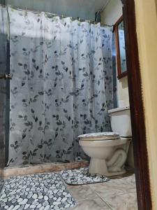 uma casa de banho com um WC e uma cortina de chuveiro em Green Line House em Rio Celeste