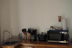 a kitchen counter with a microwave and a sink at Bungalows Paraíso Celeste in Bijagua