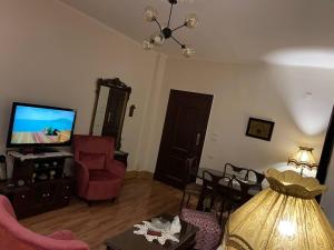 - un salon avec un canapé, une télévision et une chaise dans l'établissement Wonderful Apartment Place in Dokki, au Caire