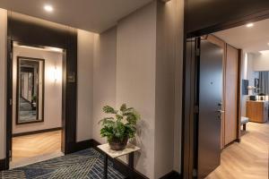 a hallway with a potted plant on a table at Sheraton Mall of the Emirates Hotel, Dubai in Dubai