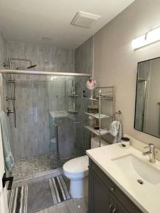 een badkamer met een douche, een toilet en een wastafel bij Cozy Retreat 100% remodeled in Arvada