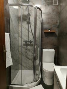 La salle de bains est pourvue d'une douche et de toilettes. dans l'établissement Casa Valadim, à Chaves