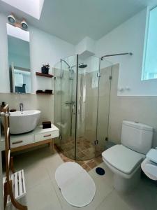 uma casa de banho com um chuveiro, um WC e um lavatório. em Playa del Hombre Deluxe Luxury Apartments em Playa del Hombre
