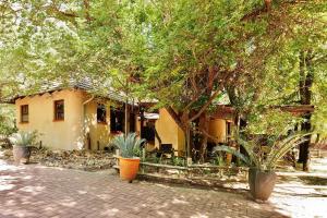 a house with trees and plants in front of it at Hyenas Call in Marloth Park