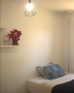 um quarto com uma cama e um vaso de plantas na parede em Apartamento de Praia em Florianópolis