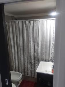y baño con cortina de ducha y aseo. en Lenga De Fuego Apartamentos Deluxe Bariloche en San Carlos de Bariloche