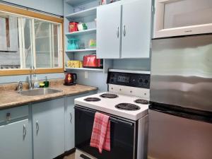cocina con fogones y fregadero en Birch Cabin: Lakefront Hideaway Resort - 3 bedroom, en Kawartha Lakes