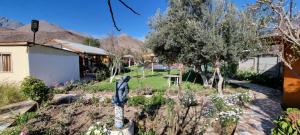 un jardín con una estatua en medio de un patio en Cabañas olmos, en Vicuña