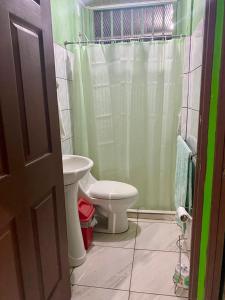 a bathroom with a toilet and a green shower curtain at Casa Irene in Orotina