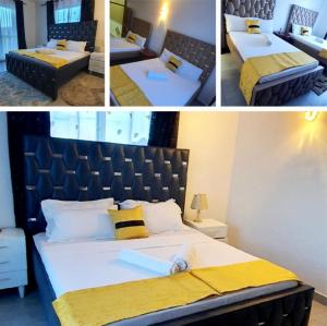 four pictures of a bedroom with a bed with yellow sheets at Nyali Luxury in Mombasa
