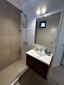 y baño con lavabo, ducha y espejo. en Depto nuevo zona Alto Rosario en Rosario