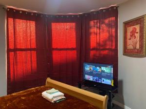 ニューアークにあるCozy Getaway Roomの赤いカーテン、ベッド、テレビが備わるベッドルーム1室が備わります。