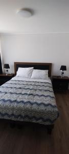 um quarto com uma cama com dois candeeiros em duas mesas em Hermoso y cómodo departamento em Santiago