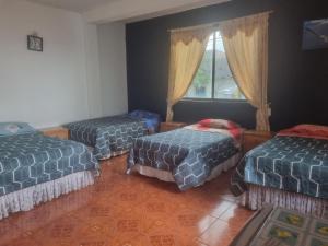 Cette chambre comprend 3 lits et une fenêtre. dans l'établissement Casa de Celeste, à Puerto Baquerizo Moreno